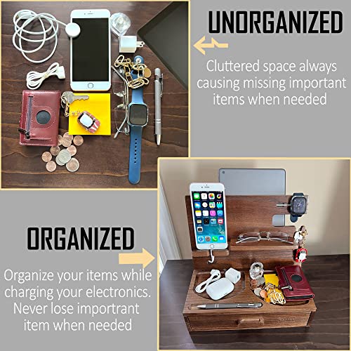 Kayjax Wood Phone Docking Station for Men & Women with Drawer -Mens Organizer Station -Docking Station for Dad -Husbands Anniversary & Birthday Gifts -Organizers for Watch, Wallet, Keys, Cellphone