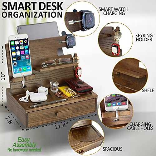 Kayjax Wood Phone Docking Station for Men & Women with Drawer -Mens Organizer Station -Docking Station for Dad -Husbands Anniversary & Birthday Gifts -Organizers for Watch, Wallet, Keys, Cellphone