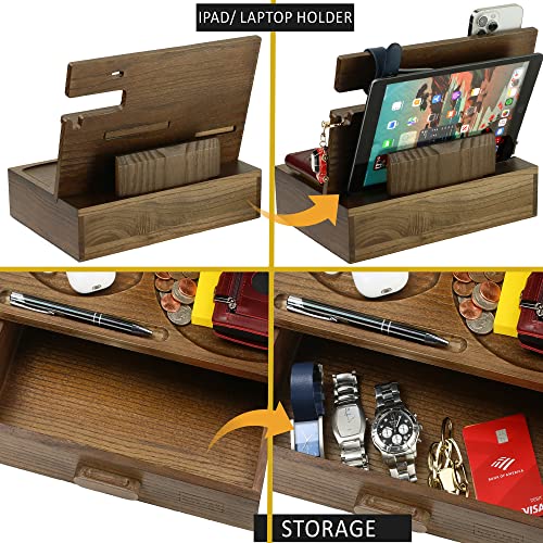 Kayjax Wood Phone Docking Station for Men & Women with Drawer -Mens Organizer Station -Docking Station for Dad -Husbands Anniversary & Birthday Gifts -Organizers for Watch, Wallet, Keys, Cellphone