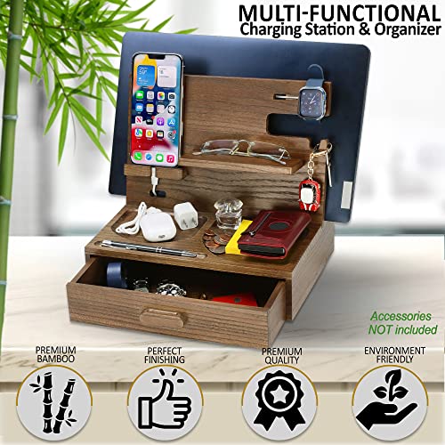 Kayjax Wood Phone Docking Station for Men & Women with Drawer -Mens Organizer Station -Docking Station for Dad -Husbands Anniversary & Birthday Gifts -Organizers for Watch, Wallet, Keys, Cellphone