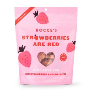 bocce's bakery all-natural, seasonal, strawberries are red dog treats, wheat-free, limited-ingredient crunchy biscuits inspired by valentine's day, 5 oz bag
