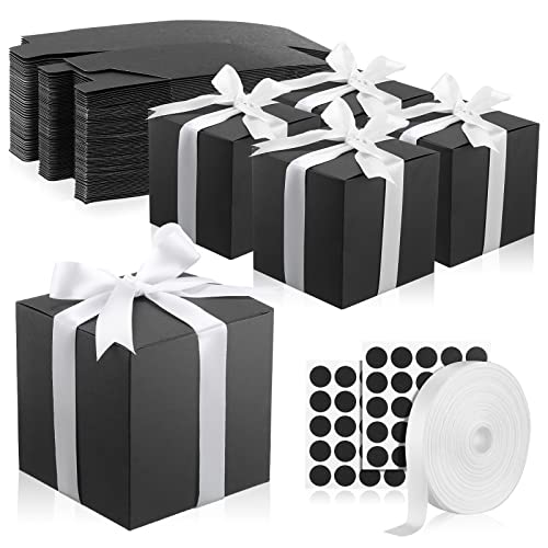 80 Pcs 5x5x5" Gift Boxes Paper Mug Box Candle Boxes with Lids Black Boxes for Packaging Small Gift Wrap Boxes Bridesmaid Proposal Box with Ribbons and Glue Point for Wedding Birthday Groomsmen Present