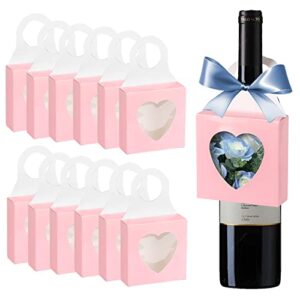 jixsloft 12 count pink paper wine bottle box with window, wine hanging foldable gift boxes charcuterie box wine boxes for holding candy chocolate, wedding birthday mother's day gift box