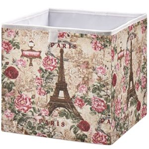 visesunny closet baskets vintage design paris eiffel-tower rose storage bins fabric baskets for organizing shelves foldable storage cube bins for clothes, toys, baby toiletry, office supply