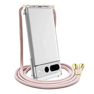 yespure crossbody case for google pixel 7 clear soft tpu anti-yellowing anti-scratch shockproof protective phone cover case with adjustable lanyard neck strap for women girls - rose gold