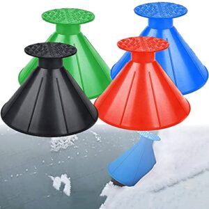 konon one magical car ice scraper, 4 packs ice scrapers for car windshield, 2 in 1 multifunctional snow grass ice scraper with funnel, cone-shaped car snow remover, gift for chrismas thanksgiving