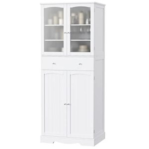 HORSTORS 71" Pantry Cabinet, Tall Kitchen Pantry Storage Cabinet, Large Food Pantry, Freestanding Storage Cabinet with Drawer | Shelves | Glass Doors for Dining Living Room, Bathroom, White