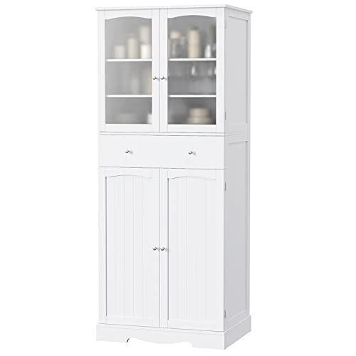 HORSTORS 71" Pantry Cabinet, Tall Kitchen Pantry Storage Cabinet, Large Food Pantry, Freestanding Storage Cabinet with Drawer | Shelves | Glass Doors for Dining Living Room, Bathroom, White