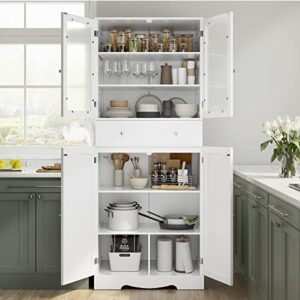 HORSTORS 71" Pantry Cabinet, Tall Kitchen Pantry Storage Cabinet, Large Food Pantry, Freestanding Storage Cabinet with Drawer | Shelves | Glass Doors for Dining Living Room, Bathroom, White