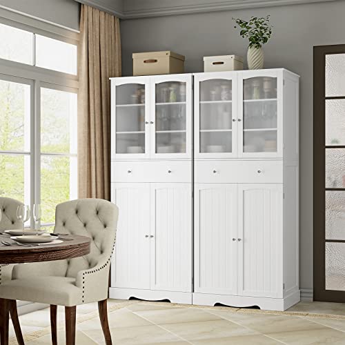 HORSTORS 71" Pantry Cabinet, Tall Kitchen Pantry Storage Cabinet, Large Food Pantry, Freestanding Storage Cabinet with Drawer | Shelves | Glass Doors for Dining Living Room, Bathroom, White