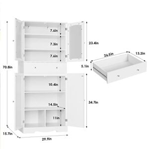 HORSTORS 71" Pantry Cabinet, Tall Kitchen Pantry Storage Cabinet, Large Food Pantry, Freestanding Storage Cabinet with Drawer | Shelves | Glass Doors for Dining Living Room, Bathroom, White