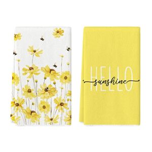 artoid mode yellow flowers bee hello sunshine summer kitchen towels dish towels, 18x26 inch seasonal holiday decoration hand towels set of 2