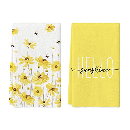 Artoid Mode Yellow Flowers Bee Hello Sunshine Summer Kitchen Towels Dish Towels, 18x26 Inch Seasonal Holiday Decoration Hand Towels Set of 2