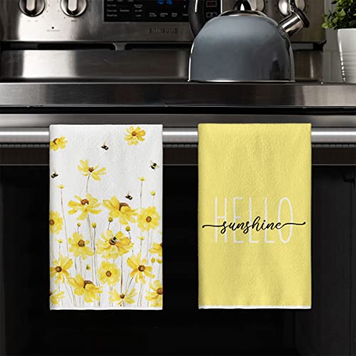 Artoid Mode Yellow Flowers Bee Hello Sunshine Summer Kitchen Towels Dish Towels, 18x26 Inch Seasonal Holiday Decoration Hand Towels Set of 2