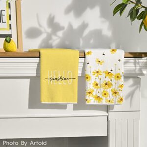 Artoid Mode Yellow Flowers Bee Hello Sunshine Summer Kitchen Towels Dish Towels, 18x26 Inch Seasonal Holiday Decoration Hand Towels Set of 2