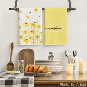 Artoid Mode Yellow Flowers Bee Hello Sunshine Summer Kitchen Towels Dish Towels, 18x26 Inch Seasonal Holiday Decoration Hand Towels Set of 2