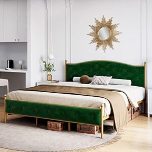 senfot queen size bed frame upholstered platform bed with velvet and button tufted headboard, heavy duty metal mattress foundation and wood slats no box needed for bedroom in gold and green