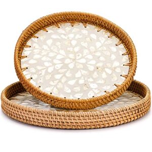 frcctre 2 pack round rattan serving tray with mother of pearl inlay wooden base, decorative wicker baskets woven serving tray for bread fruit food coffee breakfast, storage and display, 2 sizes