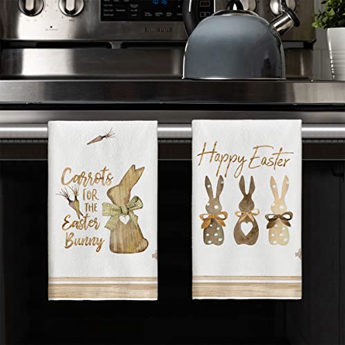 Artoid Mode Carrots Rabbit Bunny Happy Easter Kitchen Towels Dish Towels, 18x26 Inch Seasonal Spring Summer Holiday Decoration Hand Towels Set of 2