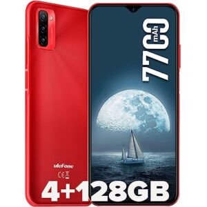 ulefone note 12 unlocked cell phone, 4g unlocked smartphone, 6.82” ultra-large screen with slim structure, 7700mah battery, 4+128gb, 3-card slot, face unlock/fingerprint recognition, red