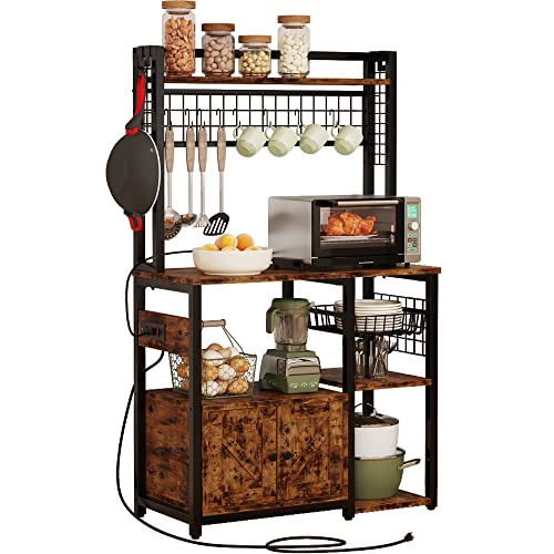 IRONCK Bakers Rack, Larger Microwave Stand with Power Outlets, 15.7" D x 35.4" W Kitchen Shelf with Cabinet and 12 Hooks, Industrial Shelf for Kitchen, Vintage Brown