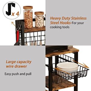 IRONCK Bakers Rack, Larger Microwave Stand with Power Outlets, 15.7" D x 35.4" W Kitchen Shelf with Cabinet and 12 Hooks, Industrial Shelf for Kitchen, Vintage Brown