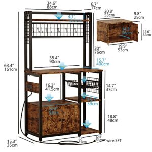 IRONCK Bakers Rack, Larger Microwave Stand with Power Outlets, 15.7" D x 35.4" W Kitchen Shelf with Cabinet and 12 Hooks, Industrial Shelf for Kitchen, Vintage Brown