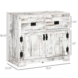 HOMCOM Industrial Sideboard Buffet Cabinet with 2 Drawers Kitchen Storage Cabinet Coffee Bar Cabinet with Double Door Cupboard for Kitchen, Living Room, Distressed White