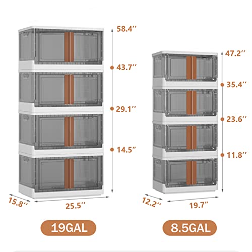 Storage Bins with Lids - 4 Packs 19Gal Plastic Storage Bins for Closet Organizers and Storage, Folding Storage Box, Stackable Storage Bins with Open Front Door, Collapsible Storage Bins with wheels