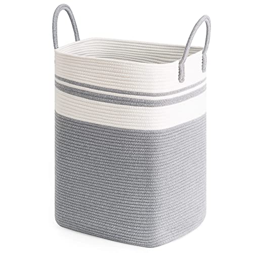 Goodpick Laundry Basket Square Laundry Hamper Tall Dirty Clothes Hampers for Laundry, Living Room, Nursery, Dorm Large Woven Storage Basket for Blankets, Toys, Towels, Yoga Mat Storage, 15"x 20", Grey