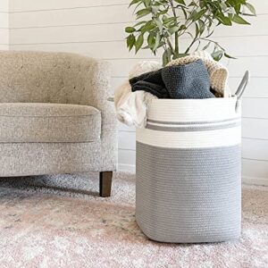 Goodpick Laundry Basket Square Laundry Hamper Tall Dirty Clothes Hampers for Laundry, Living Room, Nursery, Dorm Large Woven Storage Basket for Blankets, Toys, Towels, Yoga Mat Storage, 15"x 20", Grey