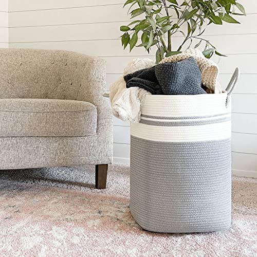 Goodpick Laundry Basket Square Laundry Hamper Tall Dirty Clothes Hampers for Laundry, Living Room, Nursery, Dorm Large Woven Storage Basket for Blankets, Toys, Towels, Yoga Mat Storage, 15"x 20", Grey