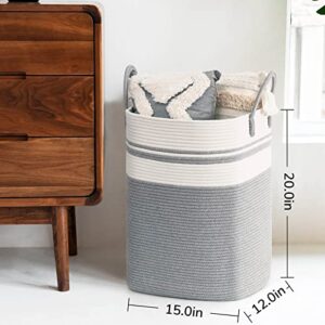 Goodpick Laundry Basket Square Laundry Hamper Tall Dirty Clothes Hampers for Laundry, Living Room, Nursery, Dorm Large Woven Storage Basket for Blankets, Toys, Towels, Yoga Mat Storage, 15"x 20", Grey