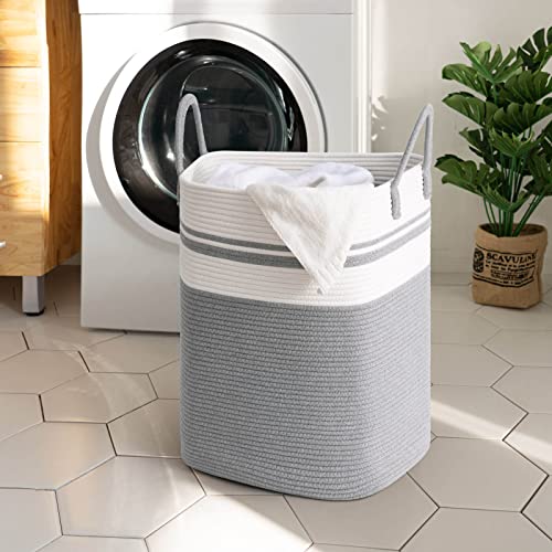 Goodpick Laundry Basket Square Laundry Hamper Tall Dirty Clothes Hampers for Laundry, Living Room, Nursery, Dorm Large Woven Storage Basket for Blankets, Toys, Towels, Yoga Mat Storage, 15"x 20", Grey