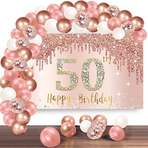 happy 50th birthday banner backdrop decorations with confetti balloon garland arch, rose gold 50 birthday banner balloon set for women, pink 50 year old bday poster photo booth decor