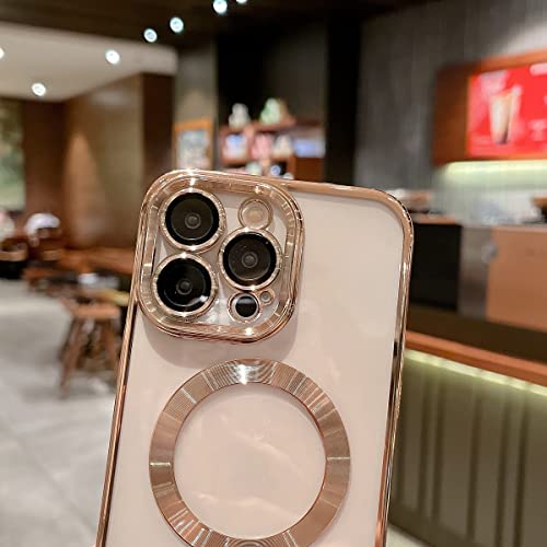 Threehundred for iPhone 13 Pro Case Magnetic Clear with Camera Lens Protector Full Protection MagSafe Electroplated Silicone Dust-Proof Net Shockproof Protective Case Cover 6.1 Inch - Gold