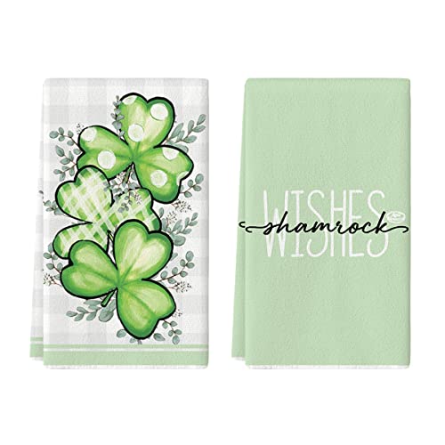 Artoid Mode Buffalo Plaid Eucalyptus Leaves Clover Shamrock Wishes St. Patrick's Day Kitchen Towels Dish Towels, 18x26 Inch Seasonal Decoration Hand Towels Set of 2