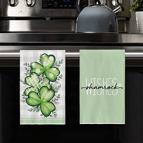 Artoid Mode Buffalo Plaid Eucalyptus Leaves Clover Shamrock Wishes St. Patrick's Day Kitchen Towels Dish Towels, 18x26 Inch Seasonal Decoration Hand Towels Set of 2