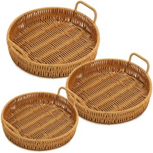 3 Pcs Rattan Serving Tray with Handles, Woven Wicker Tray Round Shallow Rattan Basket, Poly Wicker Basket Tray, Decorative Rattan Fruit Tray Cracker Boho Tray Decor for Serving Bread, Vegetable, Snack