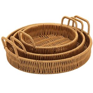 3 Pcs Rattan Serving Tray with Handles, Woven Wicker Tray Round Shallow Rattan Basket, Poly Wicker Basket Tray, Decorative Rattan Fruit Tray Cracker Boho Tray Decor for Serving Bread, Vegetable, Snack