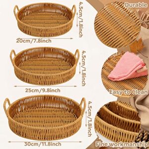 3 Pcs Rattan Serving Tray with Handles, Woven Wicker Tray Round Shallow Rattan Basket, Poly Wicker Basket Tray, Decorative Rattan Fruit Tray Cracker Boho Tray Decor for Serving Bread, Vegetable, Snack