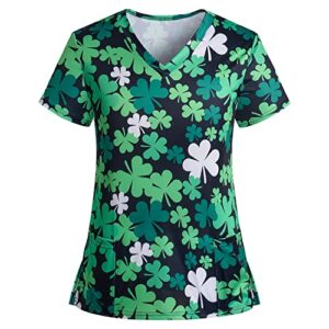 st. patrick's day scrub tops women cute v-neck green shamrocks printed working uniforms shirt 2 pockets holiday tshirt