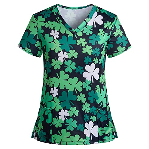 St. Patrick's Day Scrub Tops Women Cute V-Neck Green Shamrocks Printed Working Uniforms Shirt 2 Pockets Holiday Tshirt