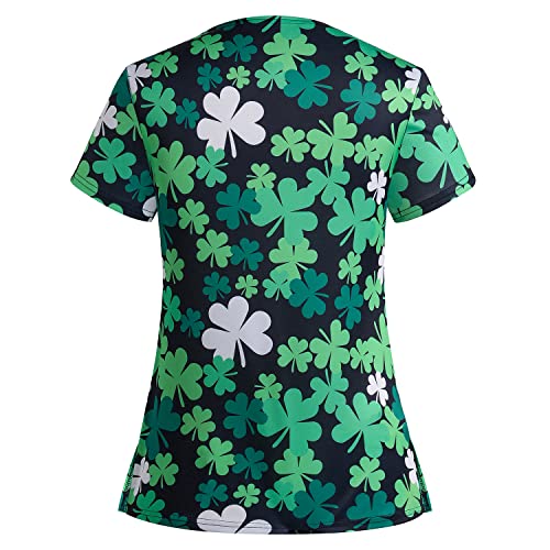 St. Patrick's Day Scrub Tops Women Cute V-Neck Green Shamrocks Printed Working Uniforms Shirt 2 Pockets Holiday Tshirt