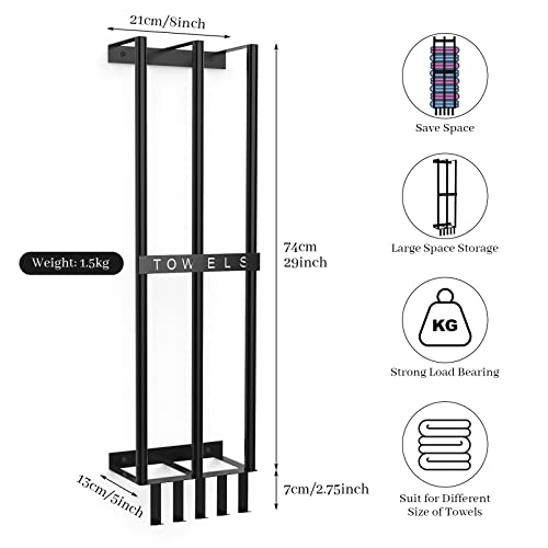 Hzdyopk Wall Mounted Towel Rack for Rolled Towels, Bathroom New Upgrade 3 Bar Towel Racks for Folded Large Towel Storage, with 5 Hooks, Metal Towel Shelf for Bathroom Wall Mounted