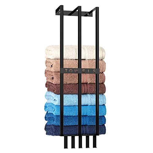 Hzdyopk Wall Mounted Towel Rack for Rolled Towels, Bathroom New Upgrade 3 Bar Towel Racks for Folded Large Towel Storage, with 5 Hooks, Metal Towel Shelf for Bathroom Wall Mounted