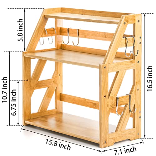 Bekith 3 Tier Bamboo Spice Rack Storage Shelves, Kitchen Countertop Organizer with Hooks, Standing Pantry Shelf, Adjustable Vanity Shelf Desk Bookshelf for Bedroom, Bathroom & Office