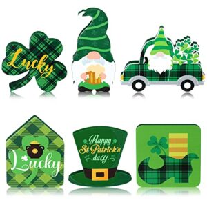 6 pieces st. patrick's day table wooden gnome sign st. patrick's tiered tray decor irish tabletop wooden shamrock lucky decoration green truck wooden block sign for home desk centerpiece party decor