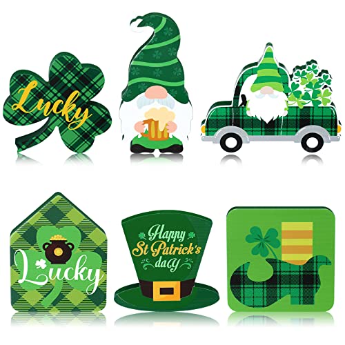 6 Pieces St. Patrick's Day Table Wooden Gnome Sign St. Patrick's Tiered Tray Decor Irish Tabletop Wooden Shamrock Lucky Decoration Green Truck Wooden Block Sign for Home Desk Centerpiece Party Decor