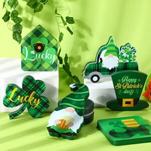 6 Pieces St. Patrick's Day Table Wooden Gnome Sign St. Patrick's Tiered Tray Decor Irish Tabletop Wooden Shamrock Lucky Decoration Green Truck Wooden Block Sign for Home Desk Centerpiece Party Decor